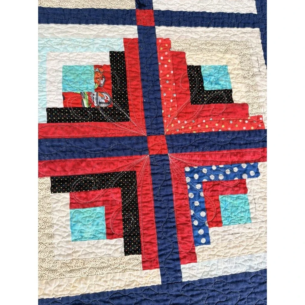 Handmade Log Cabin Patchwork Quilt 57.5x57 Chicken Backing Red Blue Throw